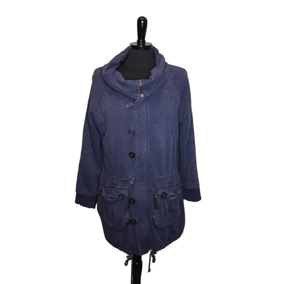 Zara Jacket Cowl Neck Utility Blue Cotton Polyester Midweight Size L - Picture 1 of 3